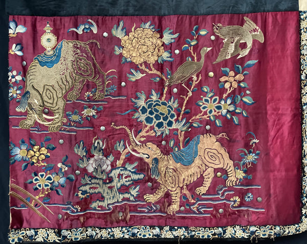 Antique Gilt Thread and Silk Embroidery with Elephants: C19th China
