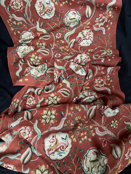 Antique Jacobean Revival Printed Linen with Mythical Animals Yardage Interior Decor Upholstery: C20th Britain