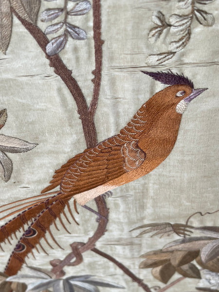 Antique Oval Silk Embroidery with Birds & Butterflies: C19th Qing dynasty, China