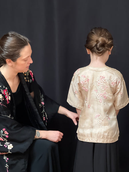 Antique Childs Traditional Silk Kimono With Cherry Blossom Embroidery: C1910/20 Japan