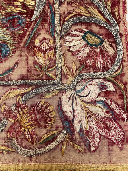 Early Silk and Metal Thread Embroidered Velvet Panel with Peacock and Flowers: C17th Italy or Spain