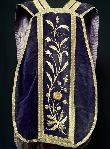 Antique Gold Gilt Embroidered Velvet Fiddleback Chasuble : C19th Europe