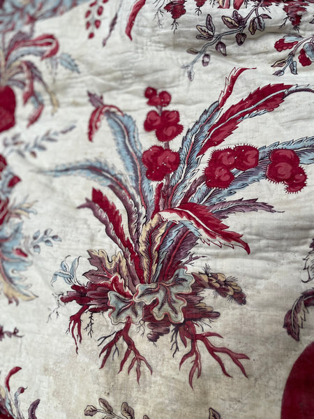 Rare Antique Indiennes Block Print Quilted Panel with Exotic Fruit and Foliage: C18th France