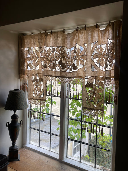 Antique Richelieu Hand Embroidered Pelmet or Café Curtain with Carved Beaded Fringe: C1900 France