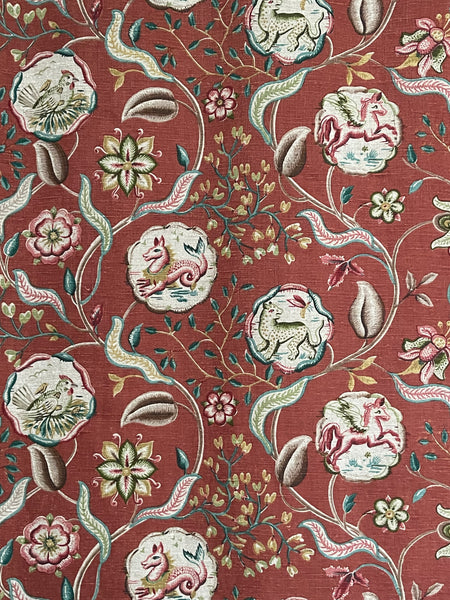 Antique Jacobean Revival Printed Linen with Mythical Animals Yardage Interior Decor Upholstery: C20th Britain