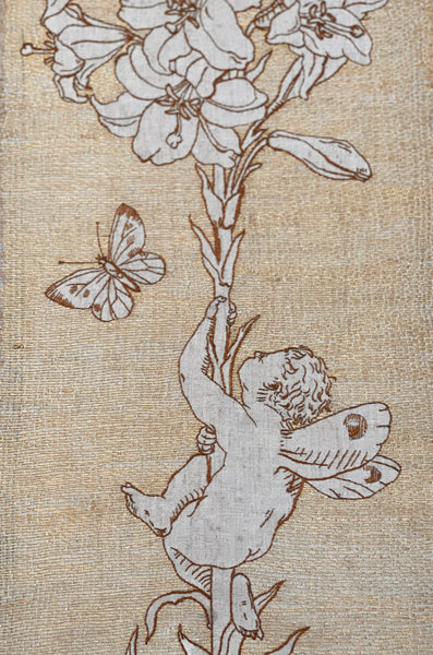Antique Art Nouveau Silk Embroidery with Cupid & Lily in the manner of Walter Crane: C1900 England