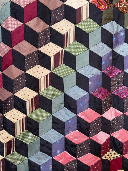Antique Handmade Tumbling Blocks Silk Patchwork Quilt made with Cravat & Scarf Silks: C1910/20 Britain