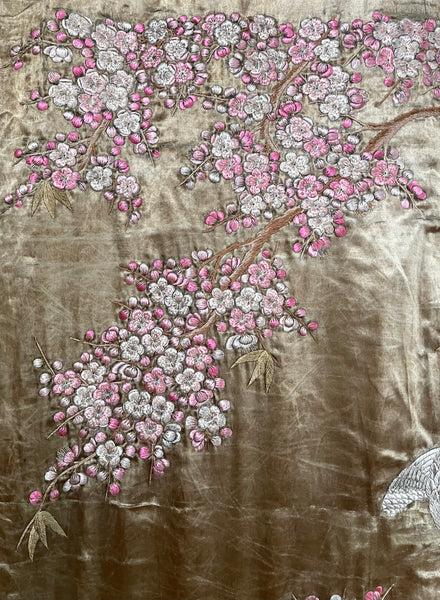 Antique Silk Embroidered Tapestry Wallhanging with Cherry Blossom & Storks: Japanese Meiji Period C19th Century. 223 x 175cm