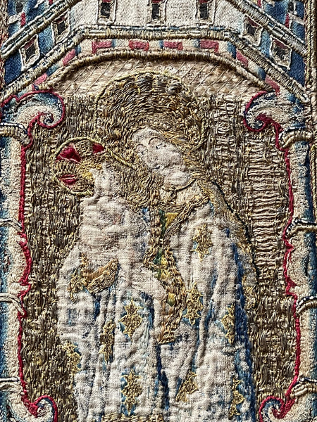 Antique Opus Anglicanum Medieval Orphrey Embroidery Madonna and Child: C16th England