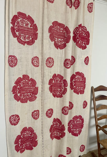 Antique Traditional Folk Embroidered Red and White Embroidered Linen Bedcover: C19th Hungary