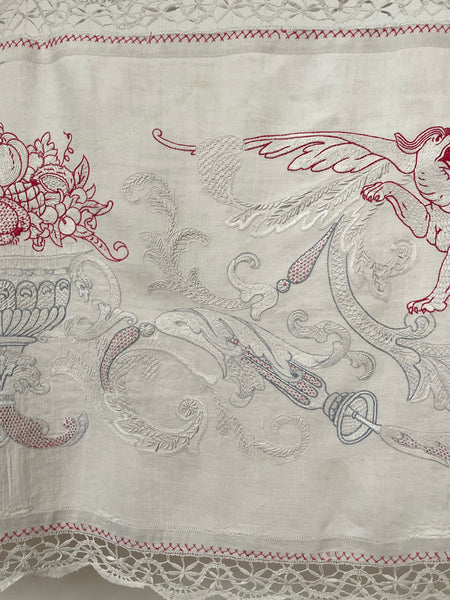 Antique Neo Renaissance White & Red-work Embroidered Pelmet Valance: C1900 Europe