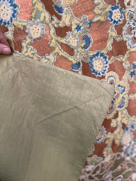 Traditional Block Printed Panel Wrapper Florals with Copper and Gold: C1930s Japan