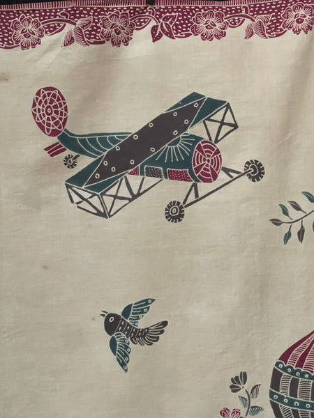 Antique Hand Painted Batik Skirt Panel with Hot Air Balloons Planes & Ships: C20th Java, Indonesia