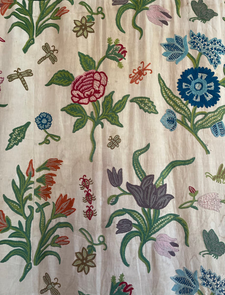 Vintage Jacobean Revival Crewelwork Embroidered Bedcover Quilt: C1970s Kashmir, India for export. 200cm x 220cm