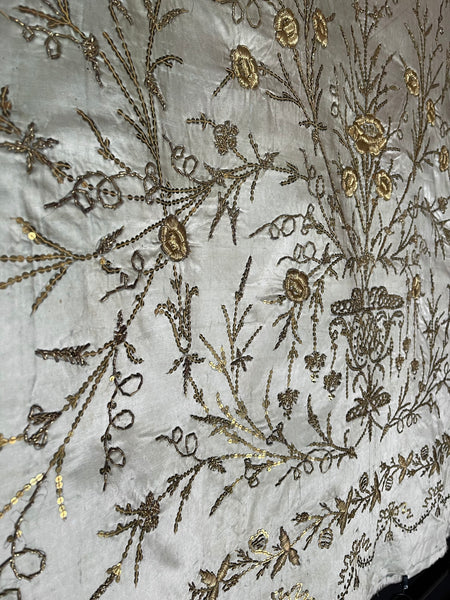 Antique Ottoman Embroidered Powder Blue Silk Satin Gold Embroidered Panels: C19th Turkey