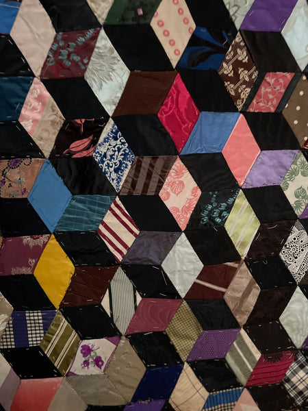 Antique Silk Tumbling Blocks Patchwork Quilt: C19th Britain
