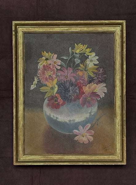 Still life Painting with Vase of Flowers: C1950 British