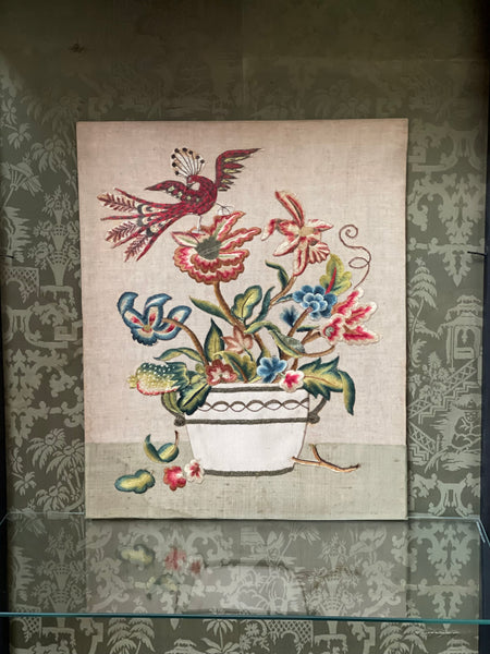Charming Appliquéd Still Life with Early 18th Century Silk Embroidered Flowers, Bird and Fruit: C1910 English