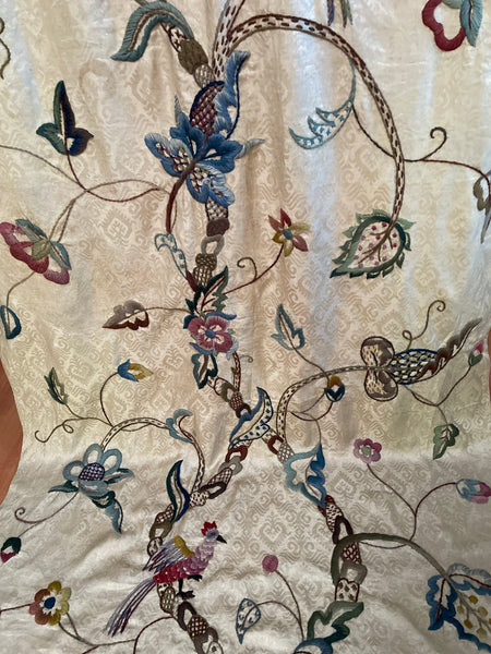 Antique Embroidered Crewelwork Tree of Life with Birds: C1910 A.H. Lee, Birkenhead, Britain. 337cm x 126cm