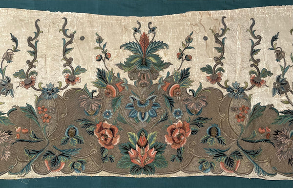 Rare Antique Silk and Gilt Thread Embroidered Apron : C18th England