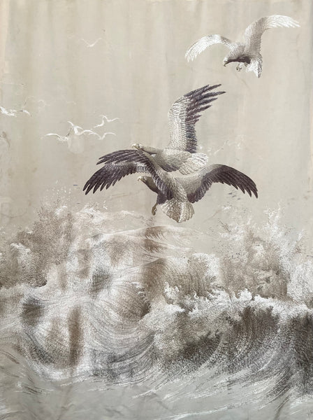 Museum Worthy Silk Embroidered Wallhanging with Waves Auspicious Sea Hawks: C19th Meiji Period, Japan.