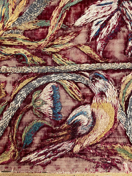 Early Silk and Metal Thread Embroidered Velvet Panel with Peacock and Flowers: C17th Italy or Spain