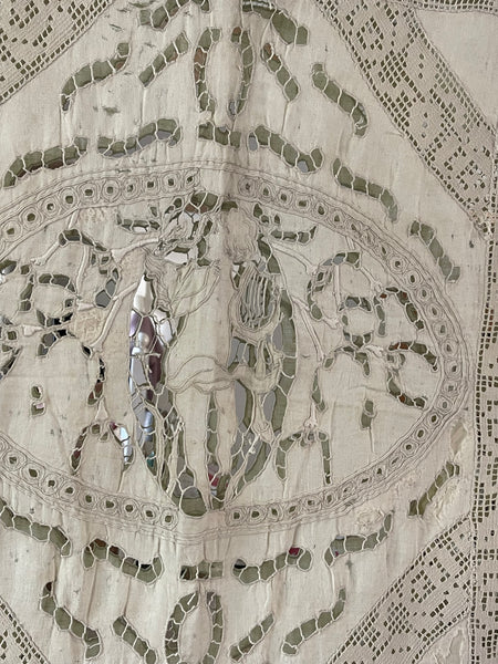 Antique Cutwork Embroidered Lace Wallhanging Curtain: C19th France