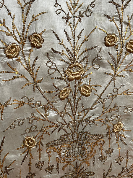 Antique Ottoman Embroidered Powder Blue Silk Satin Gold Embroidered Panels: C19th Turkey