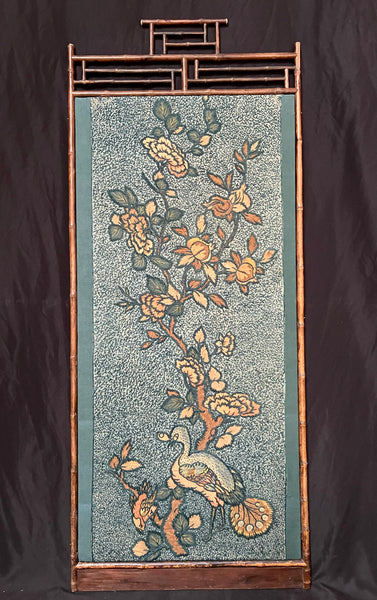 Antique Crewelwork Embroidered Tree of Life Wallhanging in Antique Japanese Bamboo Frame (2): C1900 Britain