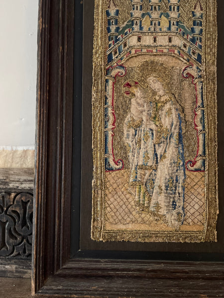 Antique Opus Anglicanum Medieval Orphrey Embroidery Madonna and Child: C16th England