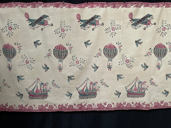 Antique Hand Painted Batik Skirt Panel with Hot Air Balloons Planes & Ships: C20th Java, Indonesia