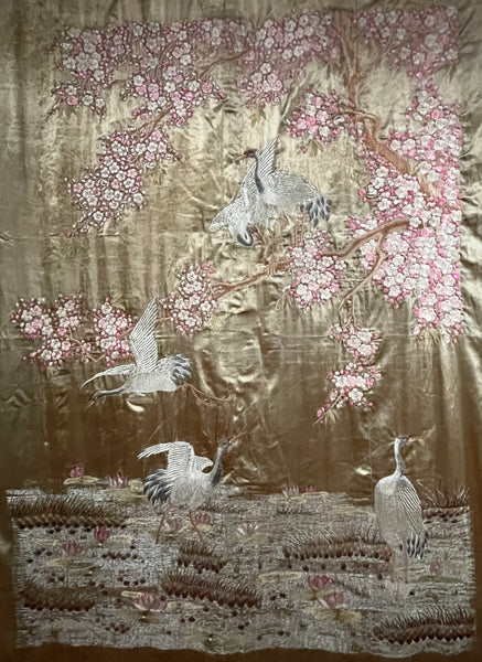 Antique Silk Embroidered Tapestry Wallhanging with Cherry Blossom & Storks: Japanese Meiji Period C19th Century. 223 x 175cm