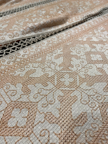 Antique Hand Embroidered Assisi Work Cover Pink White Throw Interior Decor Early 20th Century. 225 x 185cm