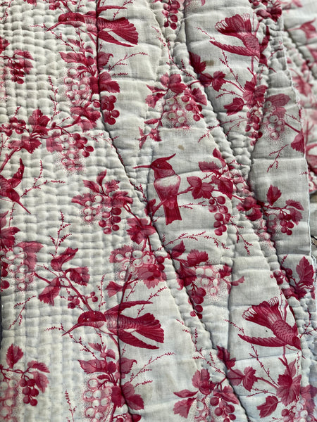 Antique Quilted Block Print & Hand Painted Floral Mezzaro Border: C19th Europe
