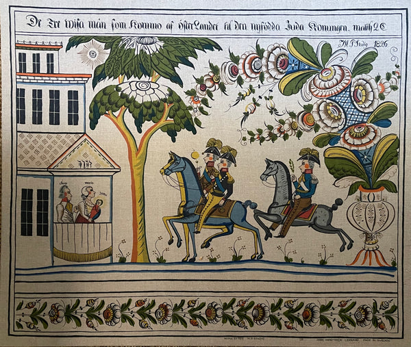 Large Swedish Folk Art Print Linen Wall Hanging: C1950s translation 19th Century Wall Paintings, Sweden
