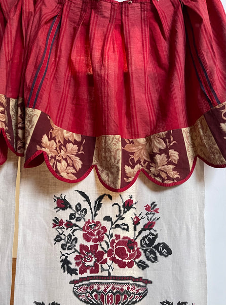 French Pink and Red Striped Ticking Pelmet with Chintz Border: C19th France