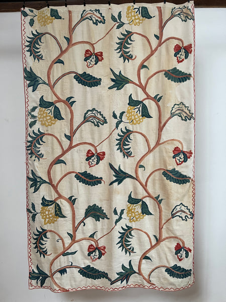 Original Antique Crewelwork Embroidered Bed Hanging: C18th Britain