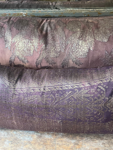 Handmade Cushion Made with Antique Brocaded Silk and Gilt Thread Panel: C19th Sumatra