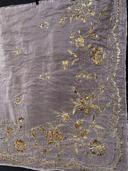 Antique Gold Thread Embroidered Pale Mauve Silk Valance or Pelmet: C19th Ottoman Turkey