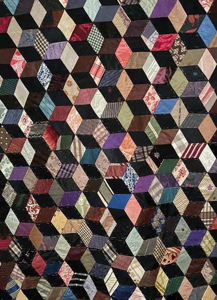 Antique Silk Tumbling Blocks Patchwork Quilt: C19th Britain