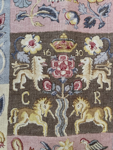 Charming Jacobean Revival Printed Linen Panel with Figures, Animals,  Florals: C1920 England