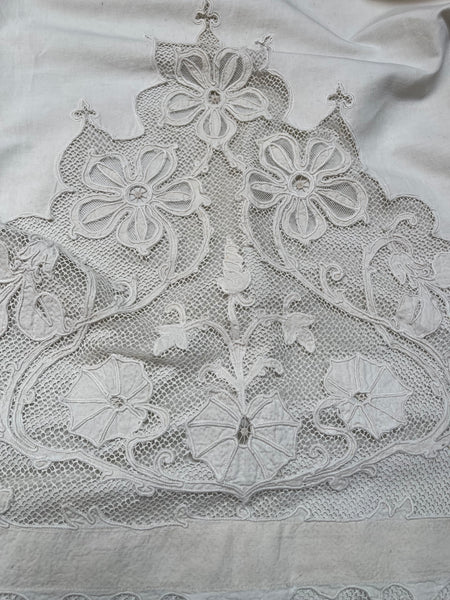 A Pair of Art Nouveau Cutwork and Embroidered Chateau Window Curtain Panels: C1900 France