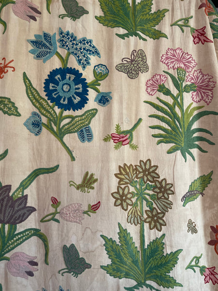 Vintage Jacobean Revival Crewelwork Embroidered Bedcover Quilt: C1970s Kashmir, India for export. 200cm x 220cm