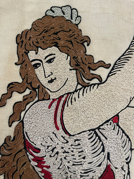 Antique Embroidered Wallhanging with Dancing Figure: C1910 France