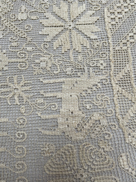 Antique Early Figurative Filet Lace Curtain Mythological Beasts Birds Tree of Life Hand Embroidered: C18th Italy