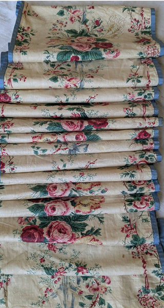 Antique Glazed Chintz Long Panel with Roses & Ribbons: C19th France