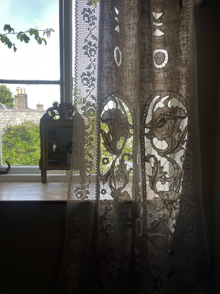 Antique Cutwork Embroidered Richelieu Lace Wallhanging Curtain Panel: C1900 - 1910 France
