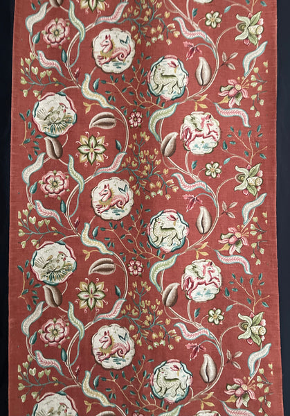 Antique Jacobean Revival Printed Linen with Mythical Animals Yardage Interior Decor Upholstery: C20th Britain