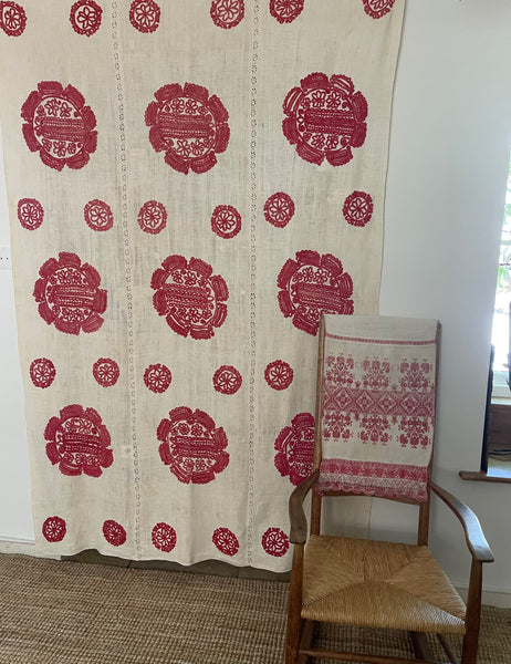Antique Traditional Folk Embroidered Red and White Embroidered Linen Bedcover: C19th Hungary