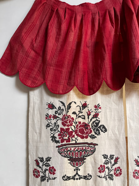 French Pink and Red Striped Ticking Pelmet with Chintz Border: C19th France